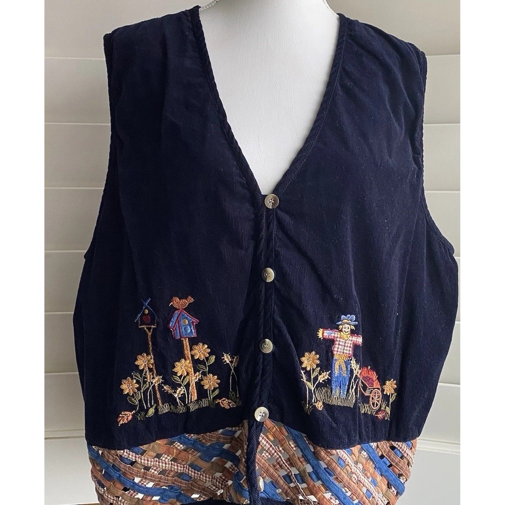 VJ Woman Vest Women 2X Navy Blue Excellent Vintage 90s Embroidered Fall Harvest
